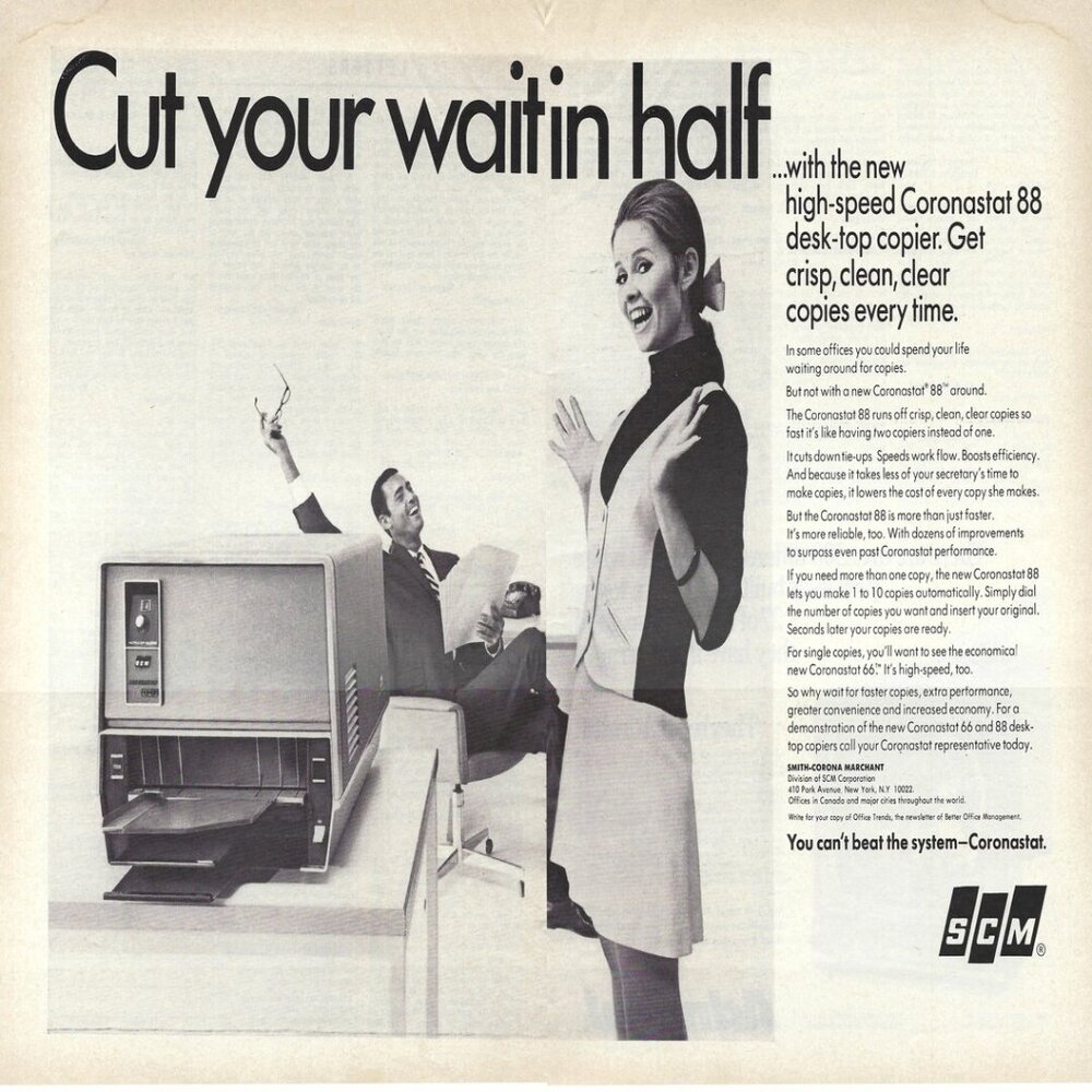1967 SCM Coronastat 88 Desk-Top Copier Wait Time in Half Vintage Print Ad/Poster